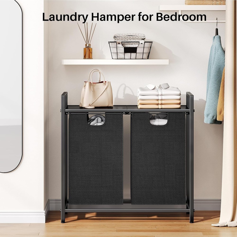 Laundry Basket Organizer Laundry Hamper W/ Shelf & 2 Pull-Out Removable Bags