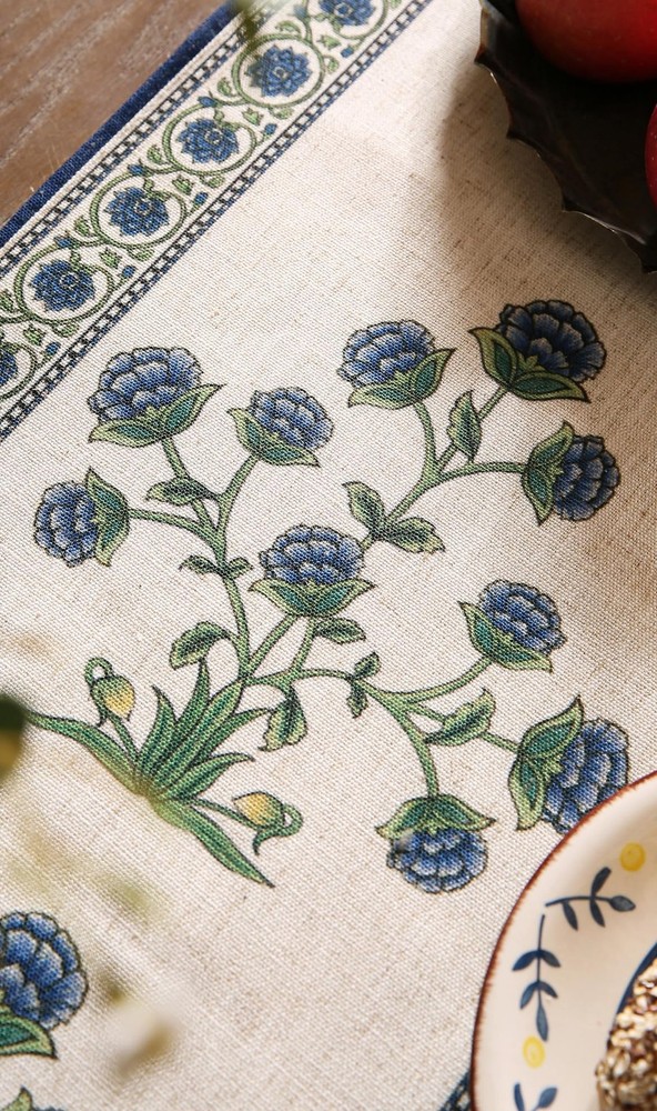 patdrea Designer Blue Rustic Elegant Floral Patterned Linen Table Runner 102 ...