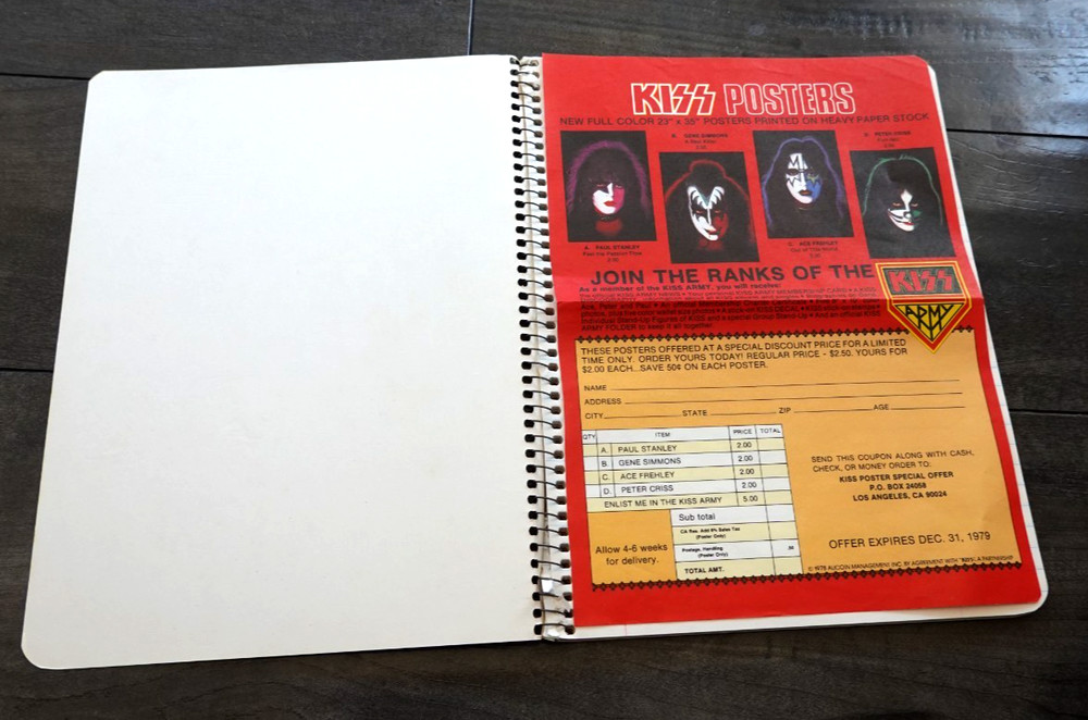 Vintage 1978 KISS ACE FREHLEY Spiral Notebook with Poster Order Form! Aucoin!