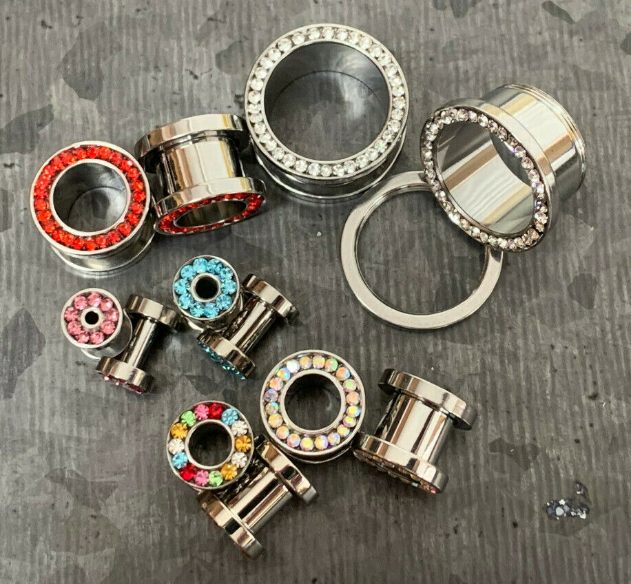 PAIR CZ Gem Rimmed 316L Surgical Steel Screw Fit Tunnels Plugs Earlets Gauges