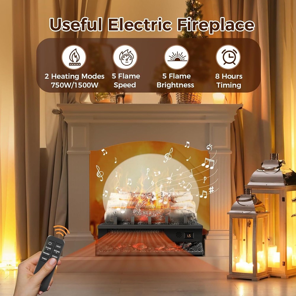 20" Electric Fireplace Log Heater,, Adjustable 5 Flame Brightness&Speed,Remote