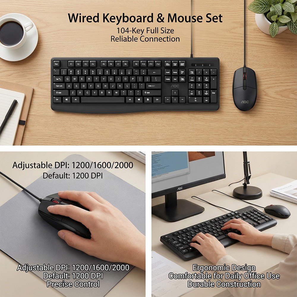 AOC Wired Keyboard Mouse Combo USB 104-Keys Office Adjust DPI Mice PC Notebook