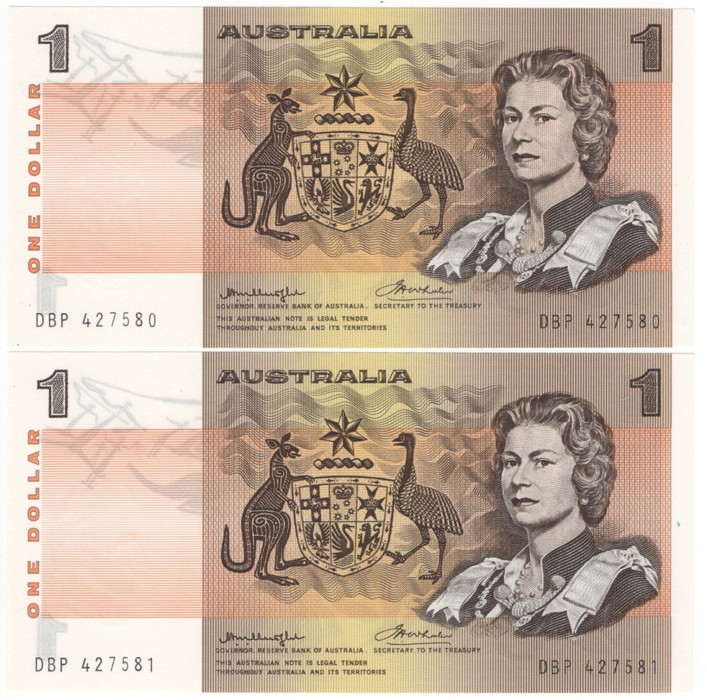 1976 Australia $ 1 Dollar DBP Consecutive Pair Test Note - R76bi - UNC - # 35006
