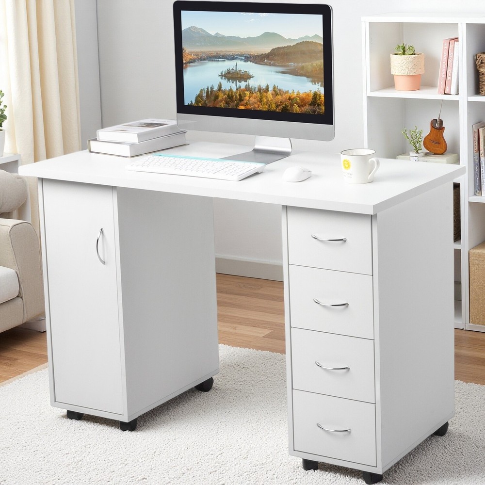 Rolling Computer Desk - White, 4-Drawer, 2 Shelves Storage & MDF ​Nail Table​