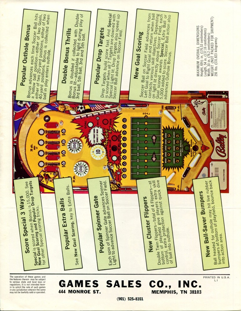Kick Off Bally Pinball Flyer / Brochure / Ad