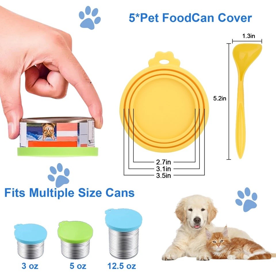 5x Pet Food Can Covers Universal Can Lids Safe Silicone Dog Cat Food With Spoons