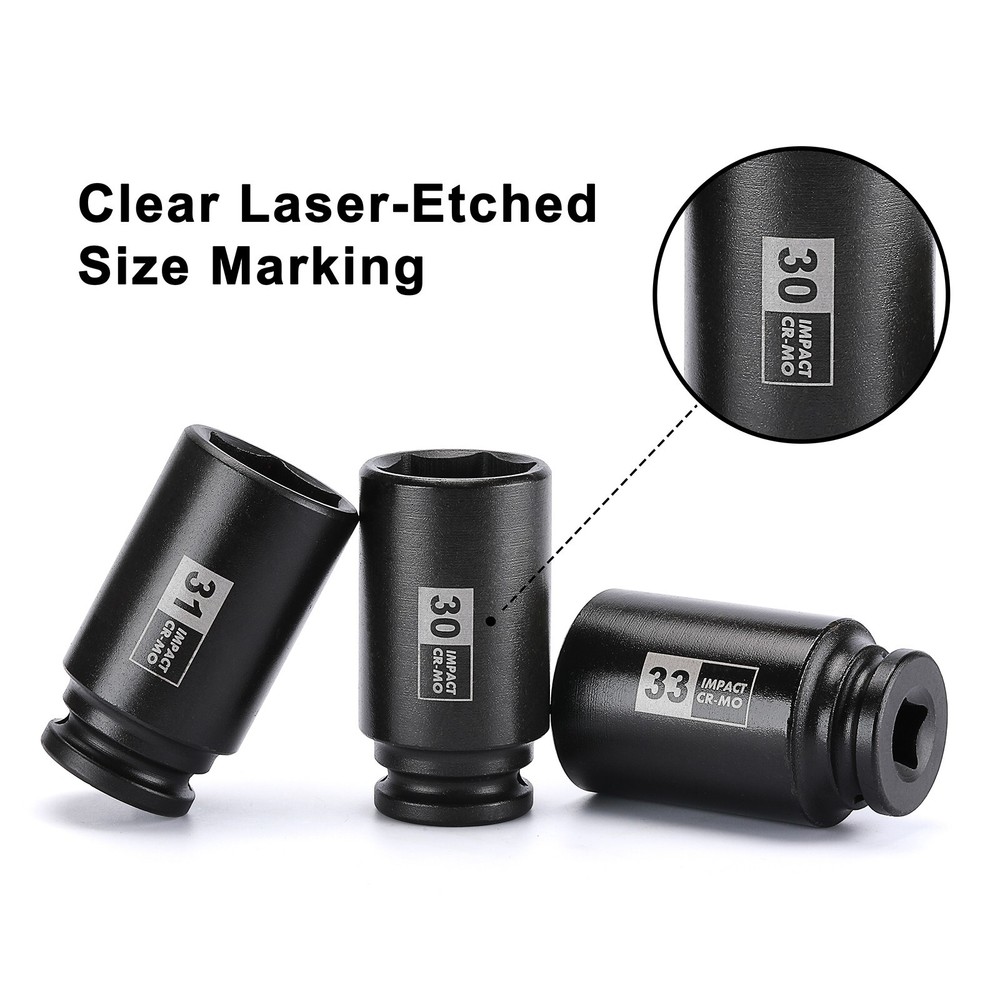9PCS 1/2"Dr. Deep Spindle Axle Nut Impact Socket Set, CR-MO, Metric Large Socket