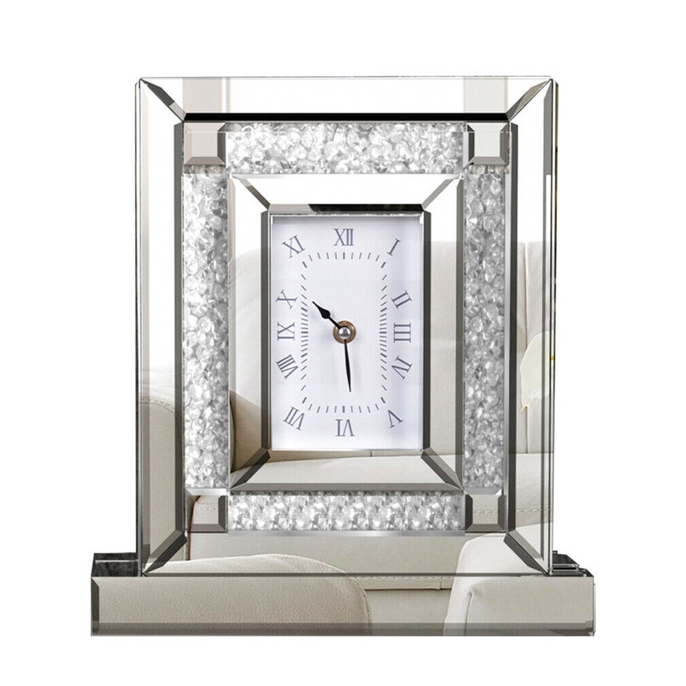 Polished Silver Table Desktop Clock Crush Diamond Surrounded Fireplace Ornaments