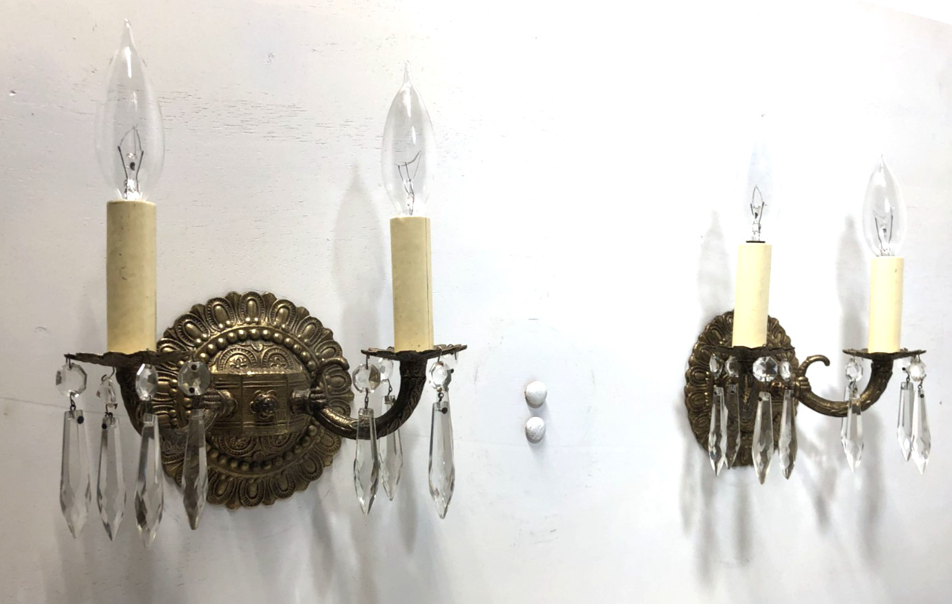 Vtg Wall Sconce Pair Brass Light Fixture French Art Glass Prism Spain MCM #L10