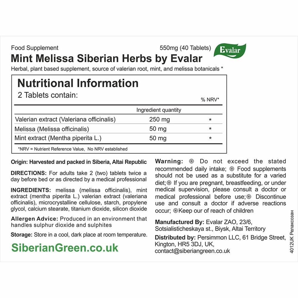 Evalar Melissa Mint Siberian Herbs Relaksozan 40 Tabs