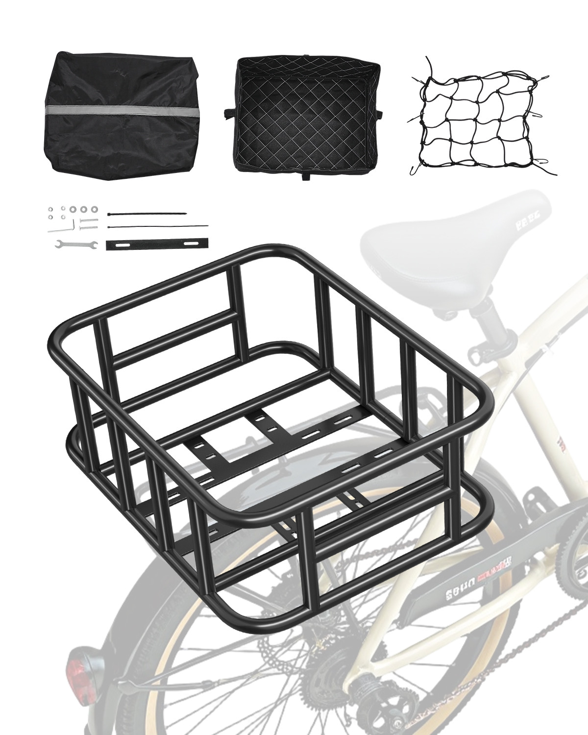 VEVOR Rear Bike Basket Medium Bicycle Basket Cargo Net Rainproof Cover Liner