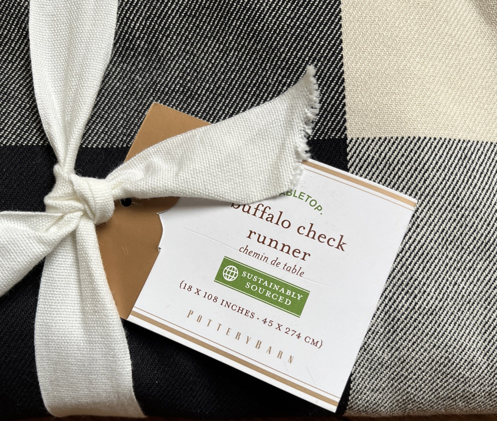 Pottery Barn Large Buffalo Check Table Runner 18" X 108" Black/Ivory NEW