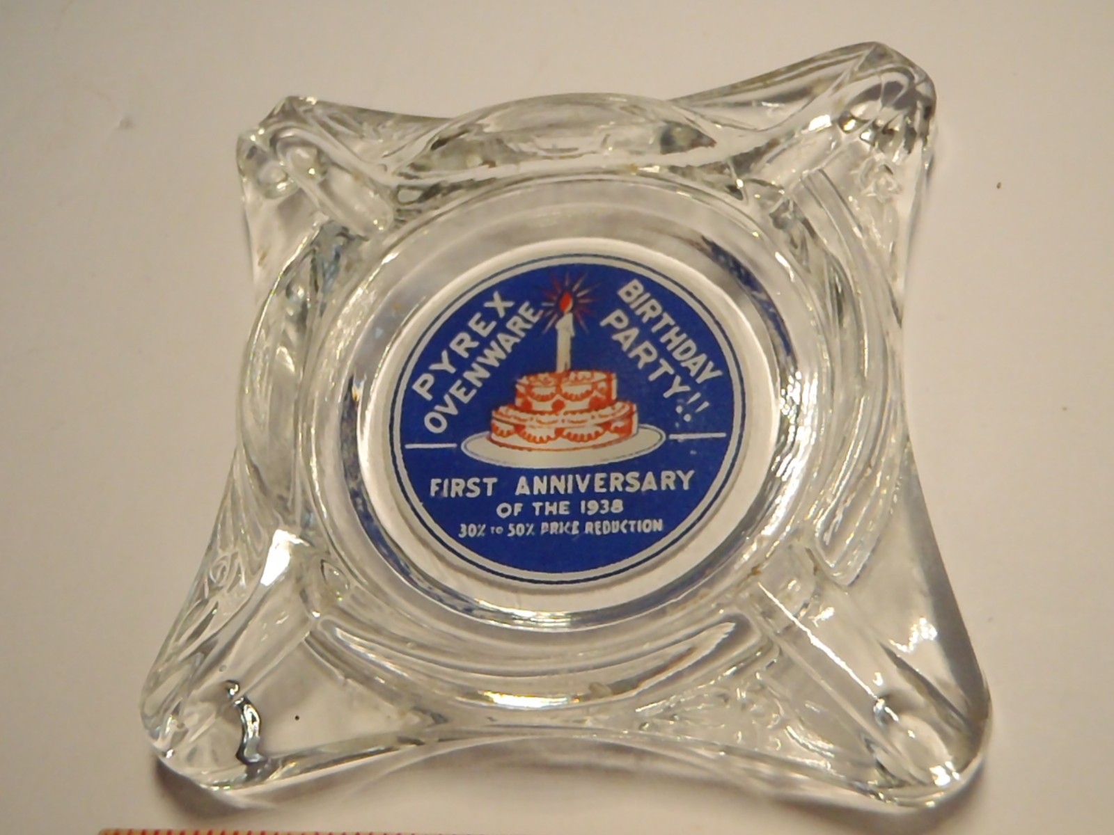 VERY RARE 1939 PYREX ORIGINAL ADVERTISING GLASS ASHTRAY BIRTHDAY PARTY ANNIV.