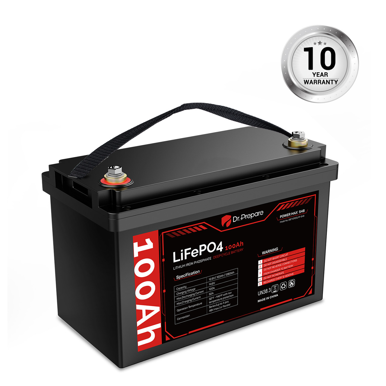 Dr. Prepare 12V 100Ah LiFePO4 Lithium Deep Cycle Battery [10-year Warranty]