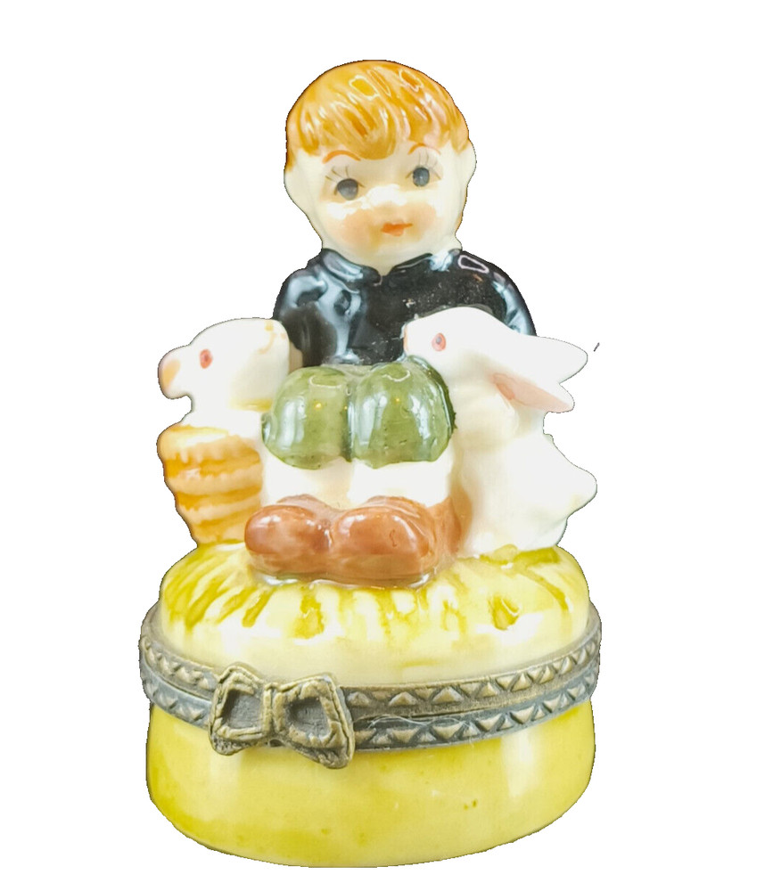 Porcelain Trinket Ring Keepsake Perfume Memory Box Boy Rabbit Small