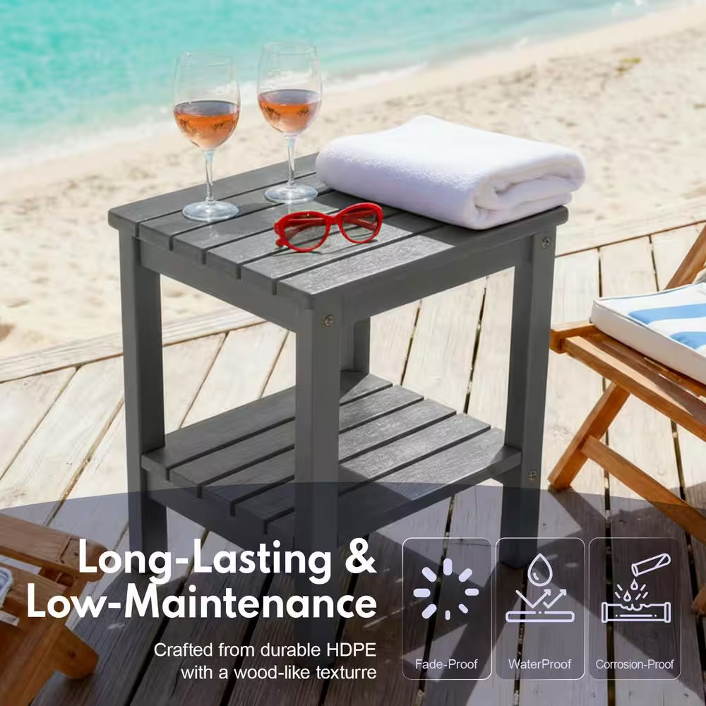 17 In. Grey Rectangular Patio Outdoor Side Table with Storage