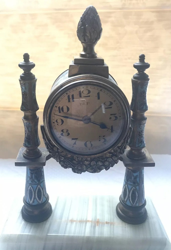 ANTIQUE FRENCH CHAMPLEVE ENAMEL CLOCK 8”