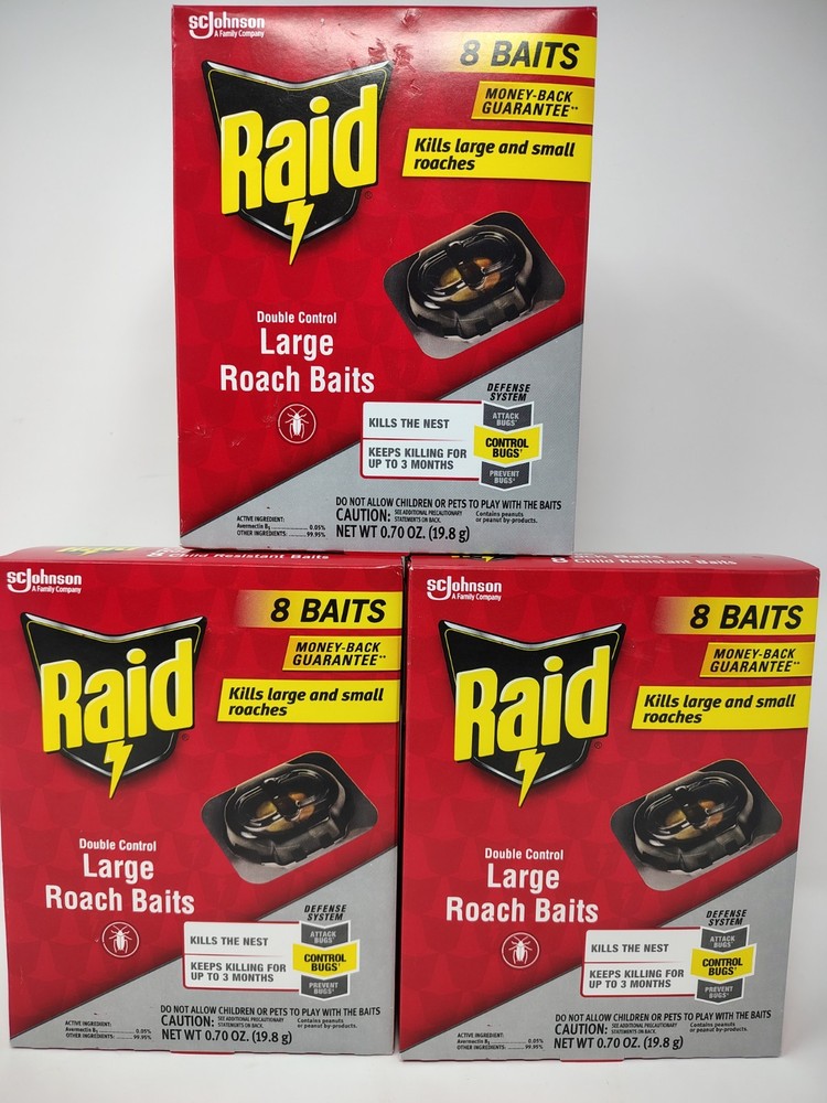 Raid Large Roach Baits Double Control 8-Count – Kills Nest – Lot of 3 Boxes