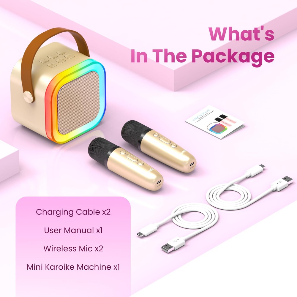 Mini Karaoke Machine, Gold, 2 Wireless Mics, Bluetooth Speaker, Kids, Adults