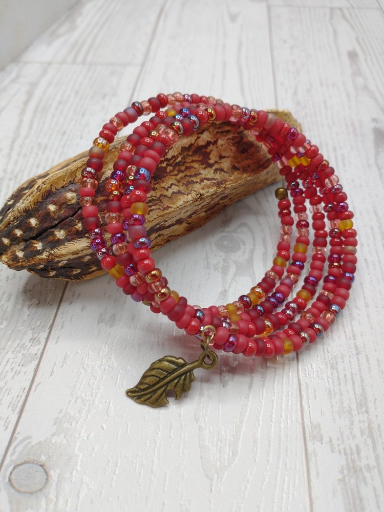 Hand Crafted Red Seed Bead Mix Memory Wire Beaded Bracelet