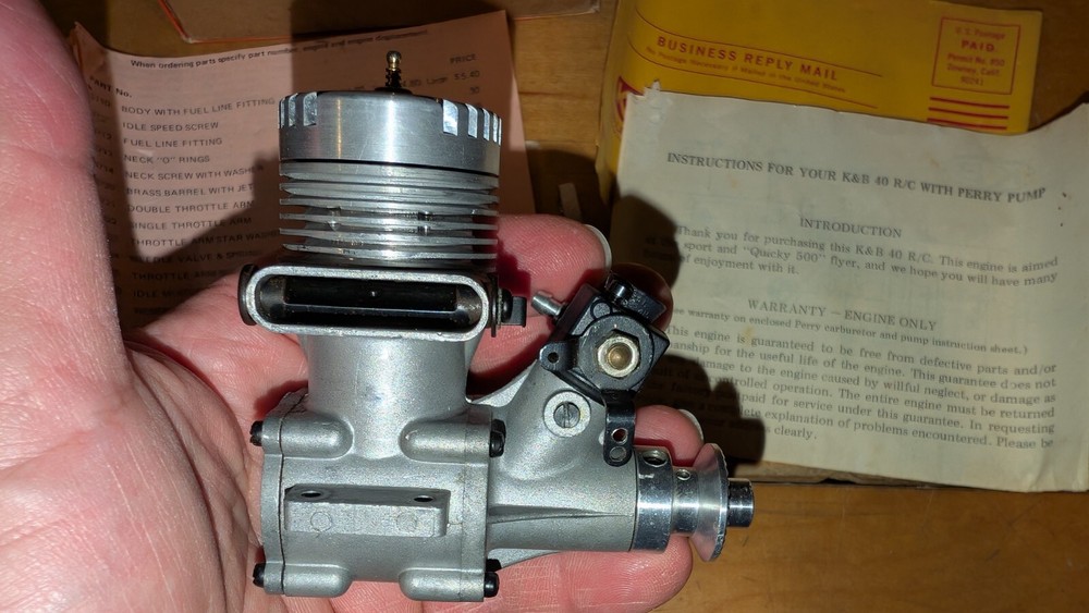 K&B #40 Model Airplane Engine with Perry carb , paperwork, etc + O/B