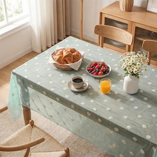 Embroidery Daisy Spring Summer Gauze Tablecloth 60"×84" (Rectangular) Green
