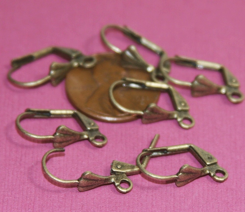 50 Antiqued brass leverback earwire with shell 9x17mm