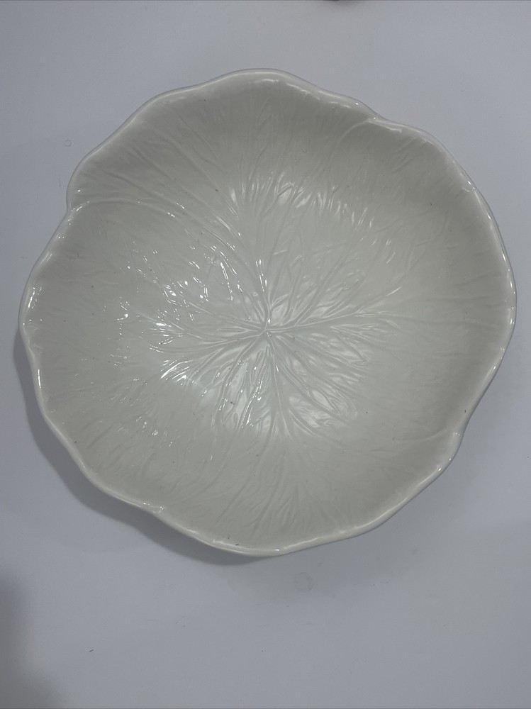 White Cabbage Leaf Ceramic Serving Bowl Hand Painted 12” D