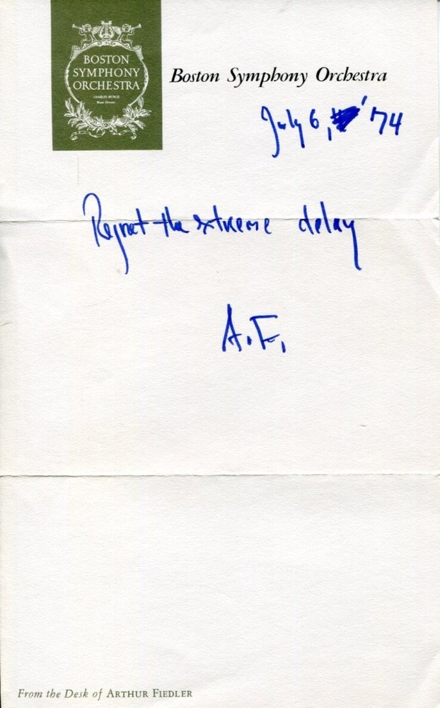 Arthur Fiedler Classical Conductor Opera Signed Autograph Initialed Note