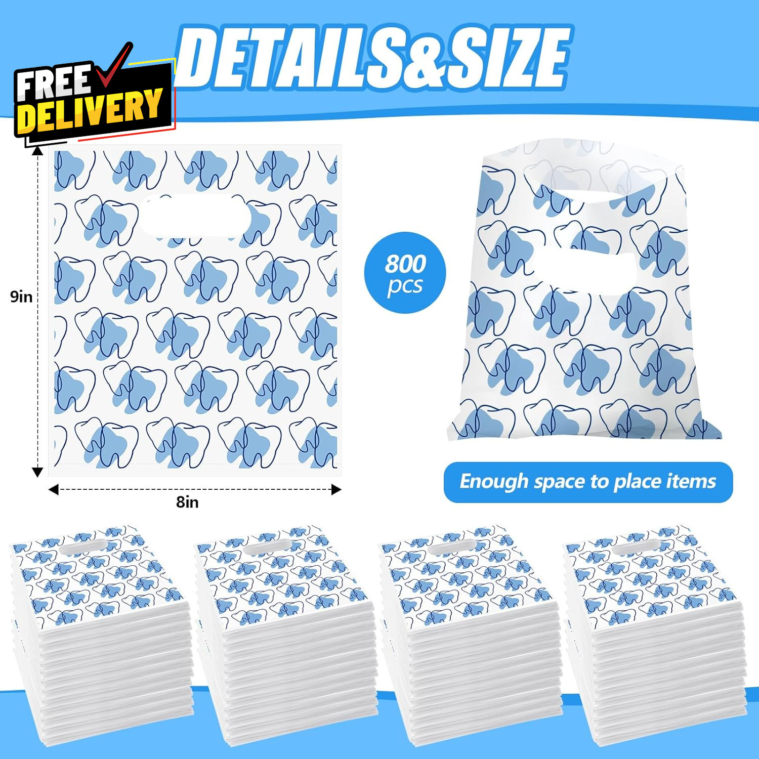 800 Pcs Tooth Patient Care Dental Bags Bulk 9 X 8 Inches Dental Giveaway Bags...