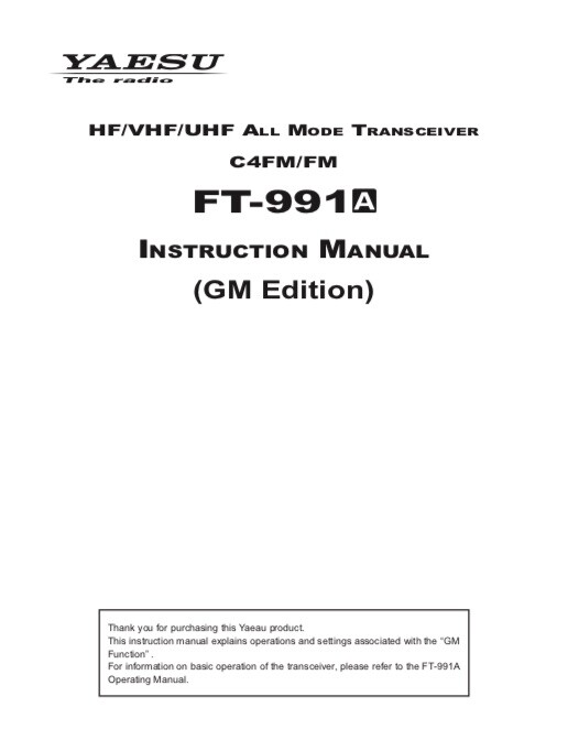 Yaesu FT-991A Transceiver OWNER'S MANUAL and REFERENCE MANUAL