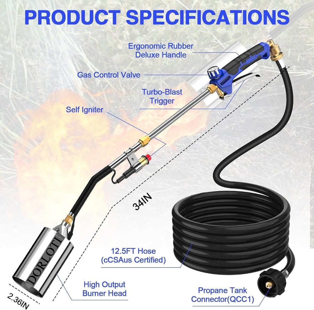 Efficient Propane Flame Torch with Turbo Trigger & Certified Hose - 12.5FT