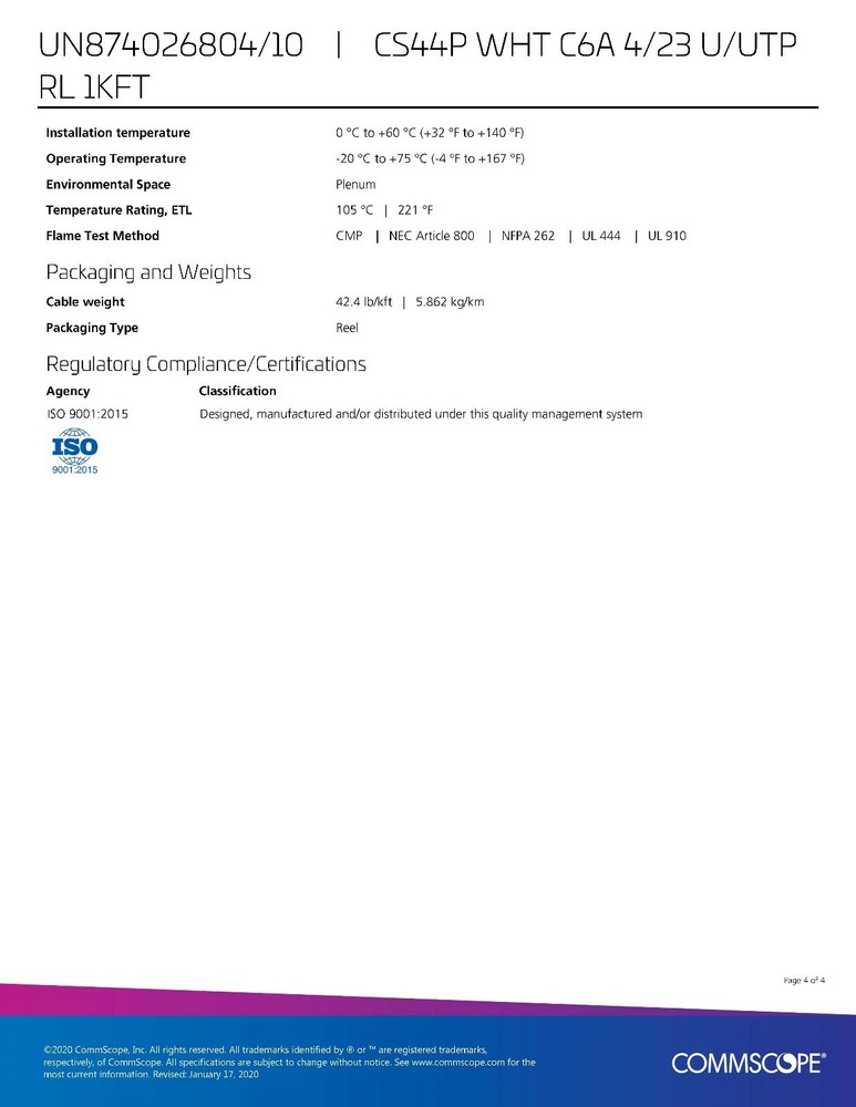 Commscope CS44P Cat6A U/UTP Network Ethernet 10G 10Gig Cable Plenum White /50ft