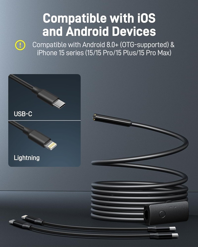 USB Endoscope Camera with 8 Adjustable LED Lights Fit for iPhone and Android