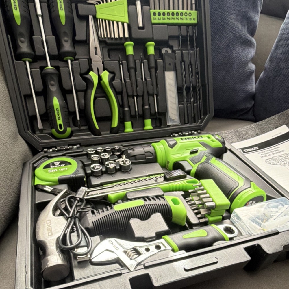 DEKO Cordless Drill/Driver Set with Battery, Tools & Accessories, Black/Green