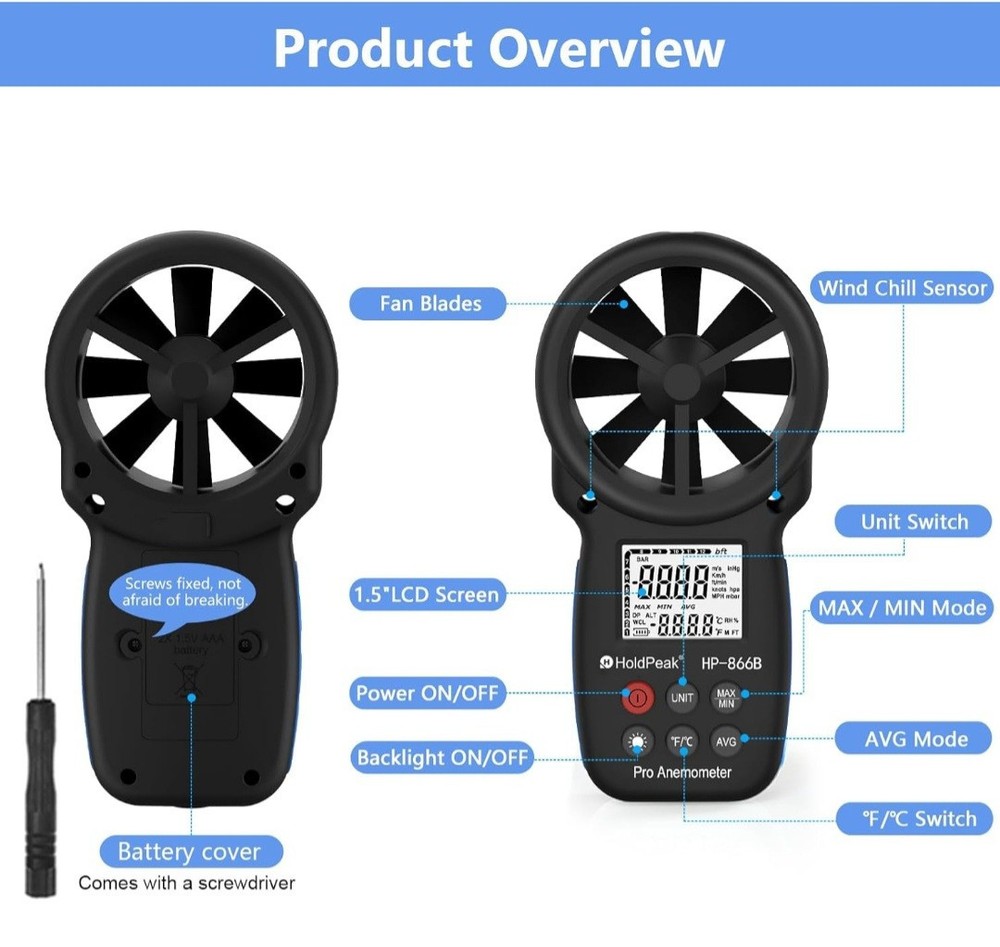 New HoldPeak 866B Digital Anemometer Handheld Wind Speed Temperature Wind Chill