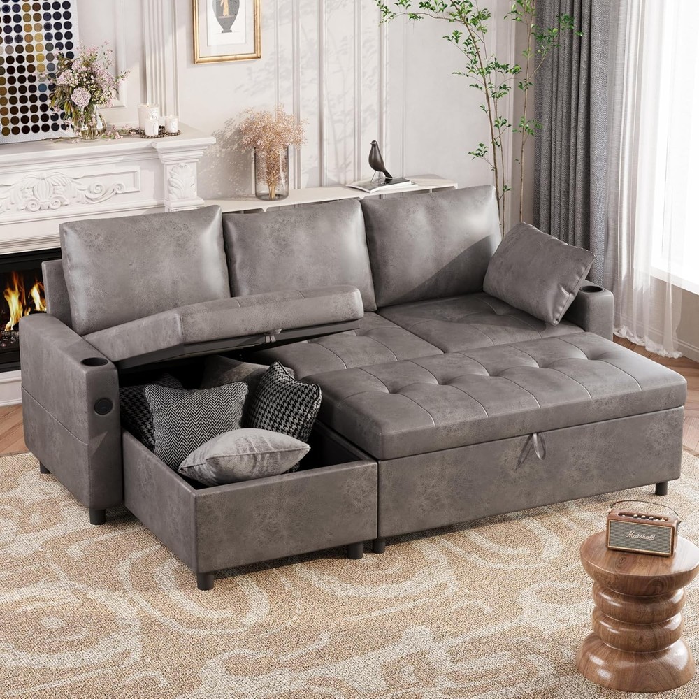84″ Leather Sleeper Sofa Bed, L Shaped Sectal Convertible Pull