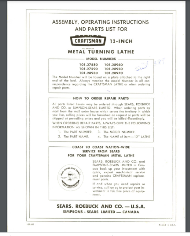 Craftsman 12"  lathe Manual 101.27580 101.27590 101.28930 101.28940 101.28950