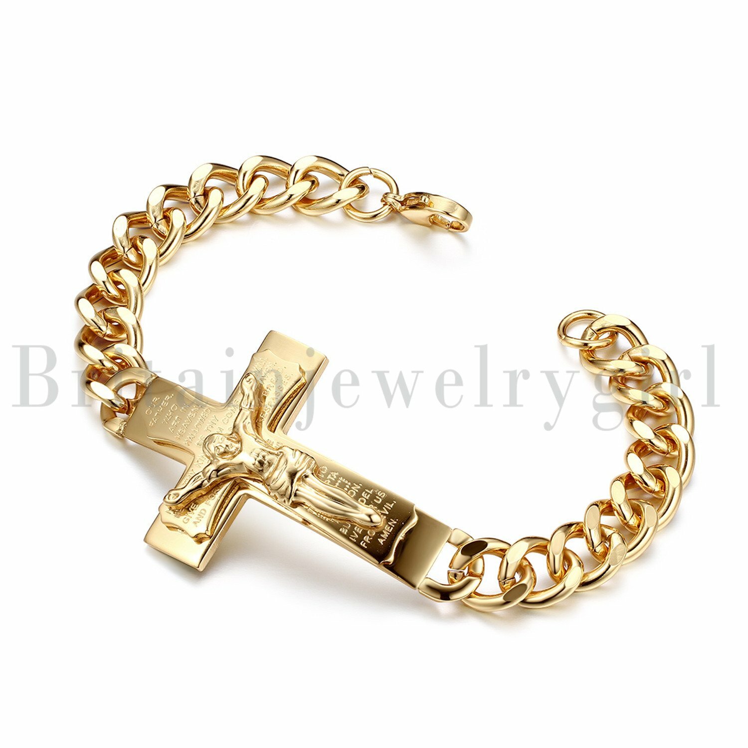 Stainless Steel Jesus Crucifix Cross Prayer Curb Chain Bracelet Wristband Men