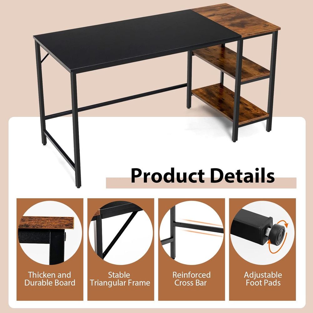 Industrial Multifunctional Computer Desk with Removable Shelf - 55" Black