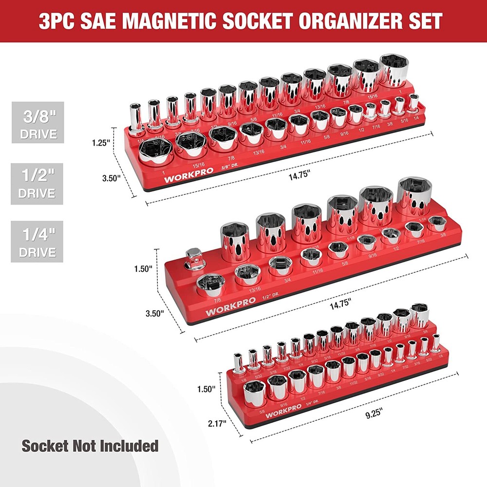 WORKPRO Magnetic Socket Organizer Set 1/4" 3/8" and 1/2" Drive SAE Socket Trays
