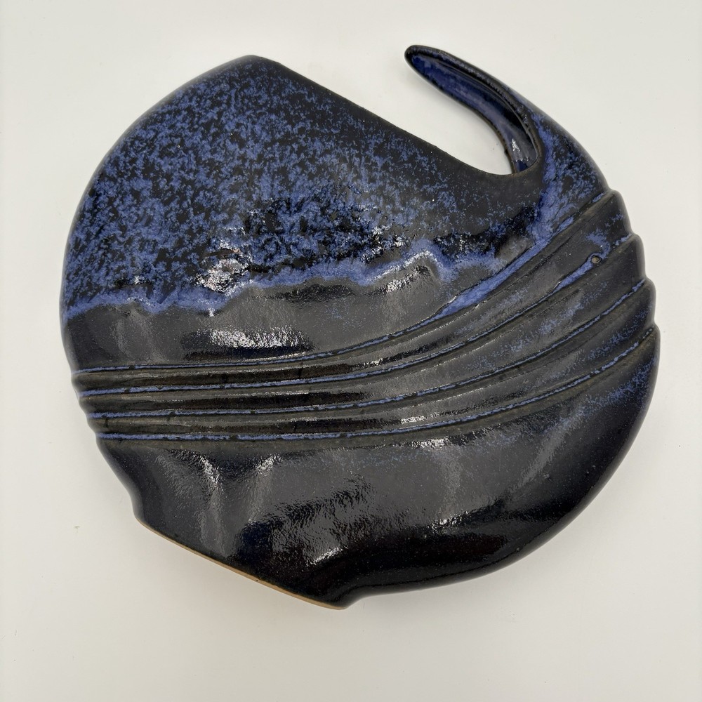 Vintage Ceramic Case Studio Dark Blue Glaze Abstract Shape