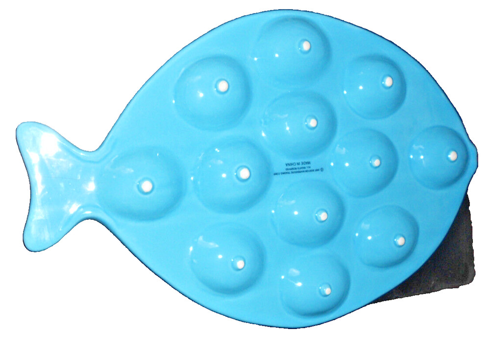 BOSTON WAREHOUSE Deviled Egg Platter Turquoise Fish Design 8 x 14 inches.
