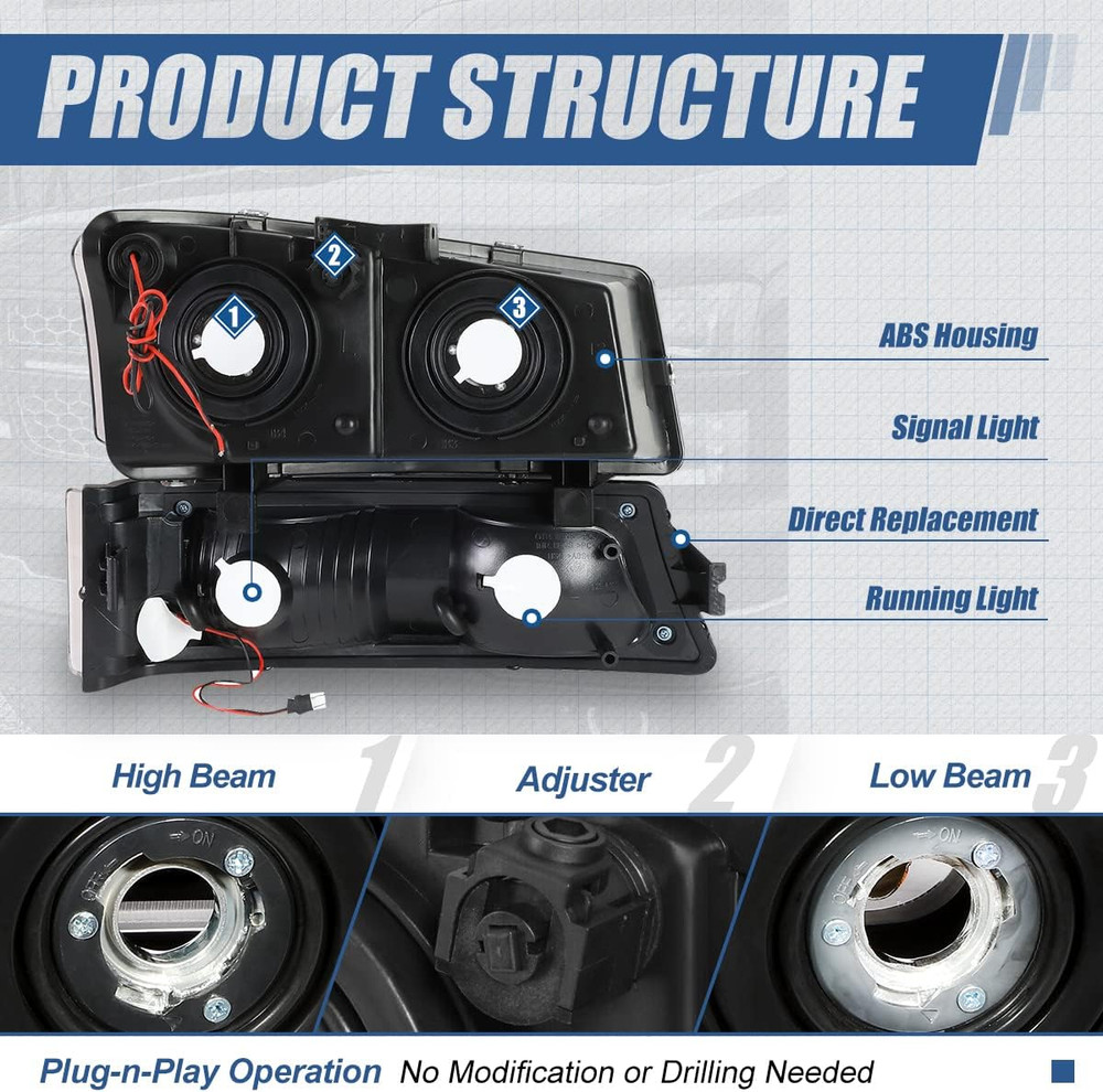 LED DRL Headlights Assembly Compatible with 2003-2007 Chevy Avalanche Silverado
