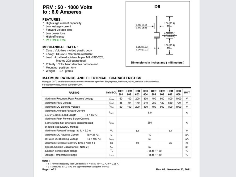 6A10 1000V 6A Rectifier Diodes, 40pcs (HER608)