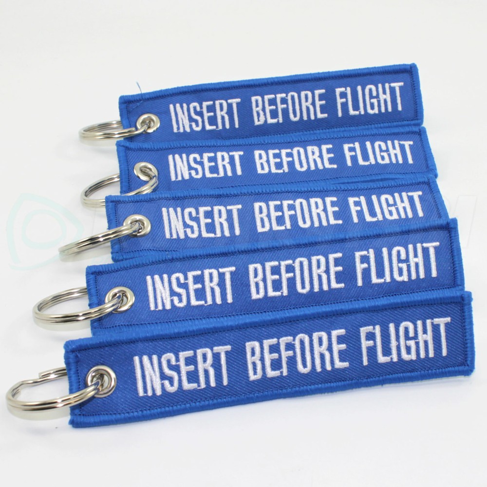 INSERT BEFORE FLIGHT KEYCHAIN QTY= 5 BLUE/white RING TAGS CABIN CREW PILOT