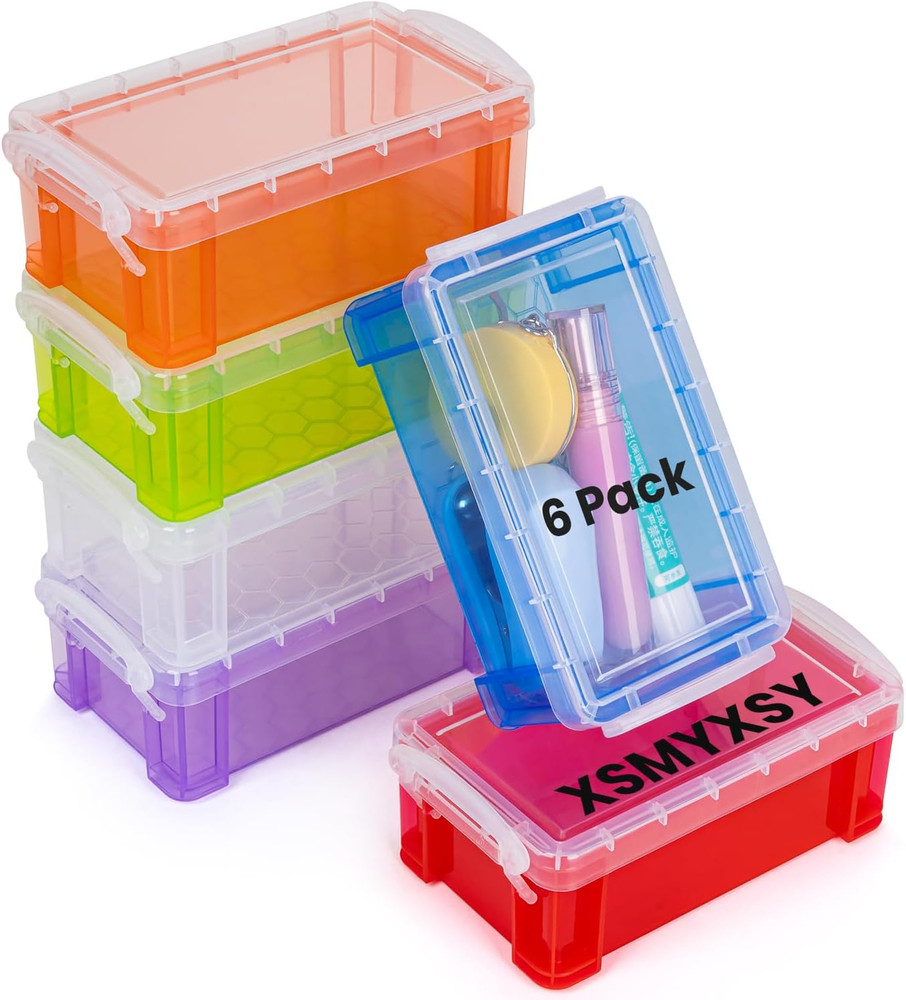 6Pack Colorful small plastic containers, 5.3" X 3.0" X 2.0" Stackable Mini Stora