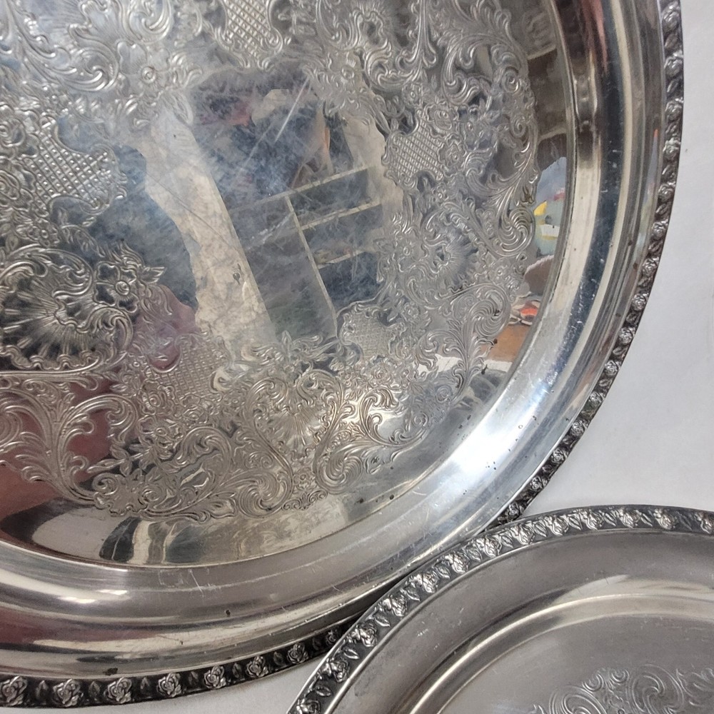 2 Wm. Rogers Silverplate RosePattern 13 Inch Trays Damaged