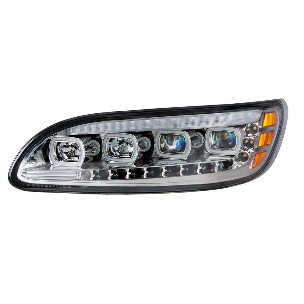 Pair Chrome Quad-LED Headlights With LED DRL & Sequential Signal For Peterbilt