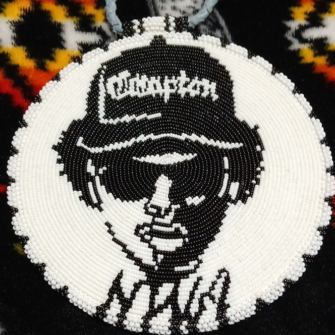 Handmade Beaded Medallion Necklace Black White Portrait Compton Hat Design